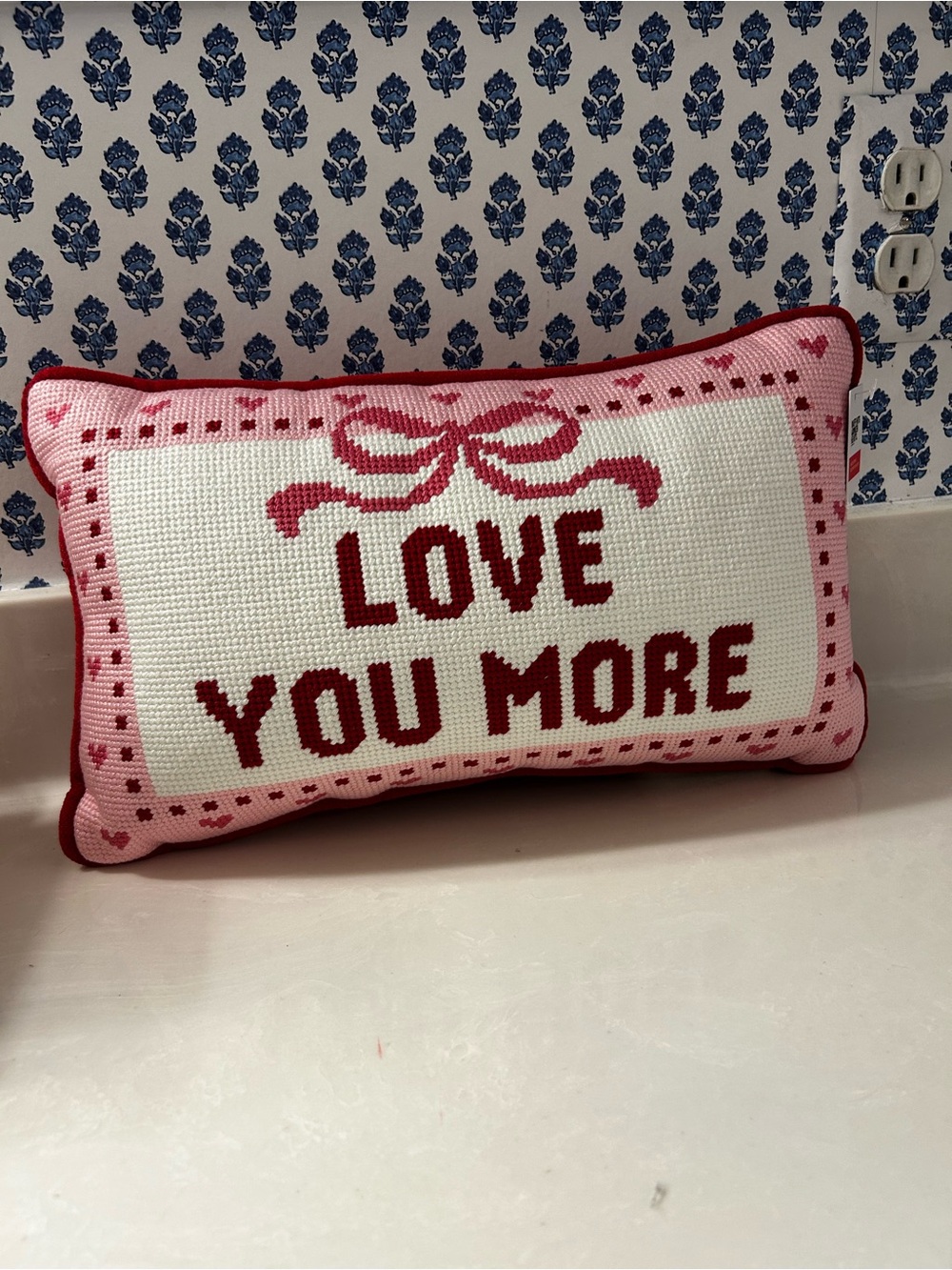 Love You More Pink & Red Needlepoint Pillow